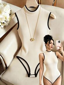 SHEIN Raffinéa 優雅無袖高領撞色針織連身衣，春夏秋冬女款連身衣，返校穿搭連身衣，通勤連身衣，度假穿搭，度假、約會、節慶穿搭，女款連身衣 - 彩色 - 查看 4