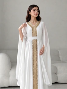 SHEIN Tween Girls Fall Dresses White And Gold Long Sleeve Slit Mini, Trim Ribbon Decor, Elegant Modest Autumn Abaya Party Bridesmaid Bridal Gala - White - View 2