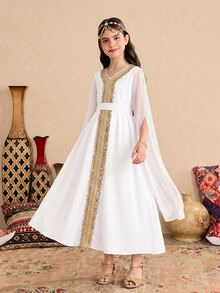 SHEIN Tween Girls Fall Dresses White And Gold Long Sleeve Slit Mini, Trim Ribbon Decor, Elegant Modest Autumn Abaya Party Bridesmaid Bridal Gala - White - View 6