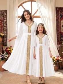 SHEIN Tween Girls Fall Dresses White And Gold Long Sleeve Slit Mini, Trim Ribbon Decor, Elegant Modest Autumn Abaya Party Bridesmaid Bridal Gala - White - View 4