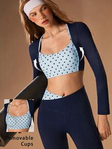VARSIVA Setelan Olahraga Wanita Atasan Lengan Panjang Pendek dan Legging Motif Polkadot Patchwork - MultiWarna - View 1