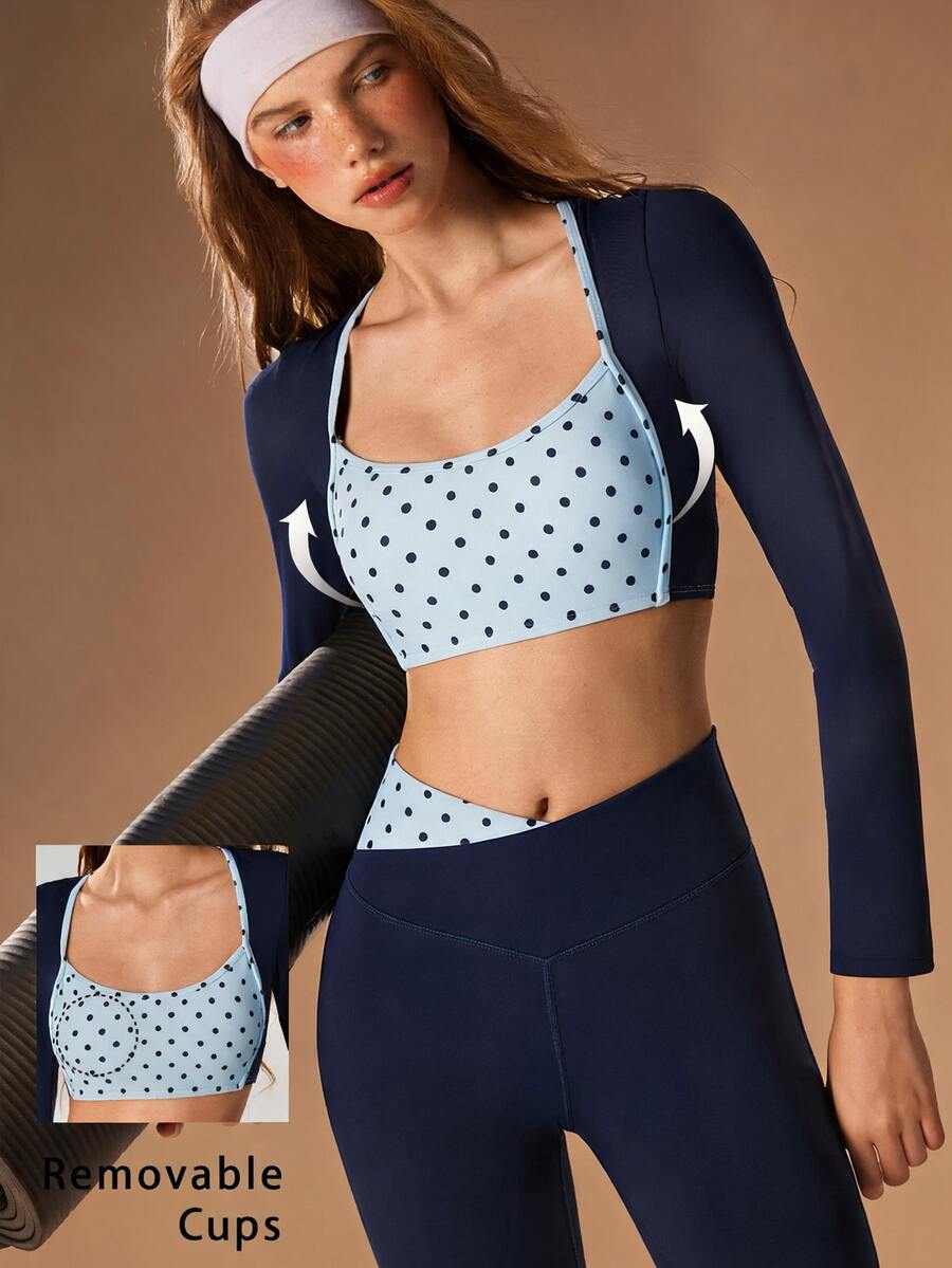VARSIVA Setelan Olahraga Wanita Atasan Lengan Panjang Pendek dan Legging Motif Polkadot Patchwork - MultiWarna - View 1