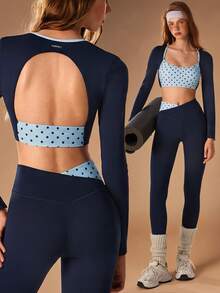 VARSIVA Setelan Olahraga Wanita Atasan Lengan Panjang Pendek dan Legging Motif Polkadot Patchwork - MultiWarna - View 2