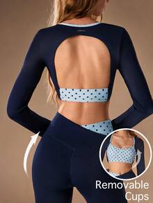 VARSIVA Setelan Olahraga Wanita Atasan Lengan Panjang Pendek dan Legging Motif Polkadot Patchwork - MultiWarna - View 12