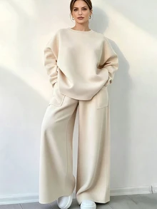 SHEIN Women's Solid Color Round Neck Long Sleeve Top And Pocket Loose Pants 2 Pieces Set - Apricot - View 1