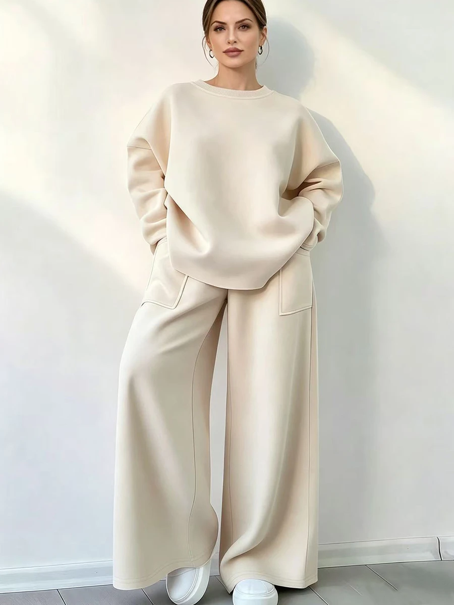 SHEIN Women's Solid Color Round Neck Long Sleeve Top And Pocket Loose Pants 2 Pieces Set - Apricot - View 1