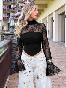 Jeta Ari Women Seductive Black Floral Lace Patchwork Blouse,Autumn Long Flare Sleeve With Ruffle Cuff,Night Out Strapless Halter Top For Party And Holiday - Black - View 1