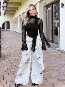 Jeta Ari Women Seductive Black Floral Lace Patchwork Blouse,Autumn Long Flare Sleeve With Ruffle Cuff,Night Out Strapless Halter Top For Party And Holiday - Black - View 4