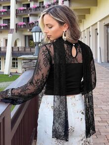 Jeta Ari Women Seductive Black Floral Lace Patchwork Blouse,Autumn Long Flare Sleeve With Ruffle Cuff,Night Out Strapless Halter Top For Party And Holiday - Black - View 2