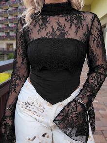 Jeta Ari Women Seductive Black Floral Lace Patchwork Blouse,Autumn Long Flare Sleeve With Ruffle Cuff,Night Out Strapless Halter Top For Party And Holiday - Black - View 3