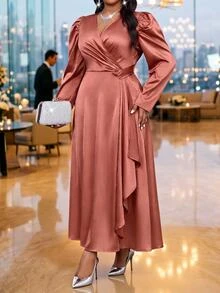 Fleurora Plus Size Women Solid Color Overlap V-Neck Puff Long Sleeve Elegant Dress Fall - Dusty Pink - View 3