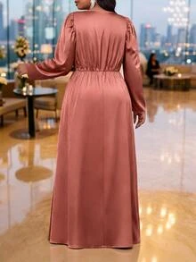 Fleurora Plus Size Women Solid Color Overlap V-Neck Puff Long Sleeve Elegant Dress Fall - Dusty Pink - View 2