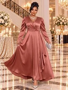 Fleurora Plus Size Women Solid Color Overlap V-Neck Puff Long Sleeve Elegant Dress Fall - Dusty Pink - View 1