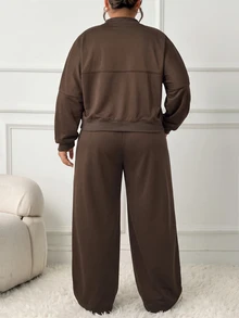 SHEIN CURVE+ US22 Women Casual Sports Set,Dark Brown Autumn Baseball Jacket&High Waist Elastic Relaxed Pants,Mini - Brown - View 2