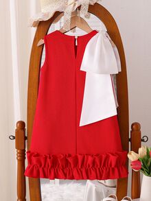 SHEIN 女童紅色A字無袖洋裝，肩部大蝴蝶結，百褶荷葉邊下擺，公主風，生日派對、嬰兒洗禮、聖誕節、夏季仙女風 - 紅色 - 查看 2