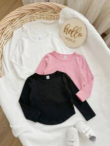 SHEIN 買2送1，可愛女嬰休閒風，簡約可愛，防滑材質，不對稱下擺圓領T恤多件組，適合生日派對、晚會、表演、婚禮、洗禮、開學典禮，適合日常穿著、上學、旅行，適合秋冬季節 - 彩色 - 查看 4