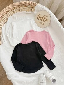 SHEIN 買2送1，可愛女嬰休閒風，簡約可愛，防滑材質，不對稱下擺圓領T恤多件組，適合生日派對、晚會、表演、婚禮、洗禮、開學典禮，適合日常穿著、上學、旅行，適合秋冬季節 - 彩色 - 查看 2