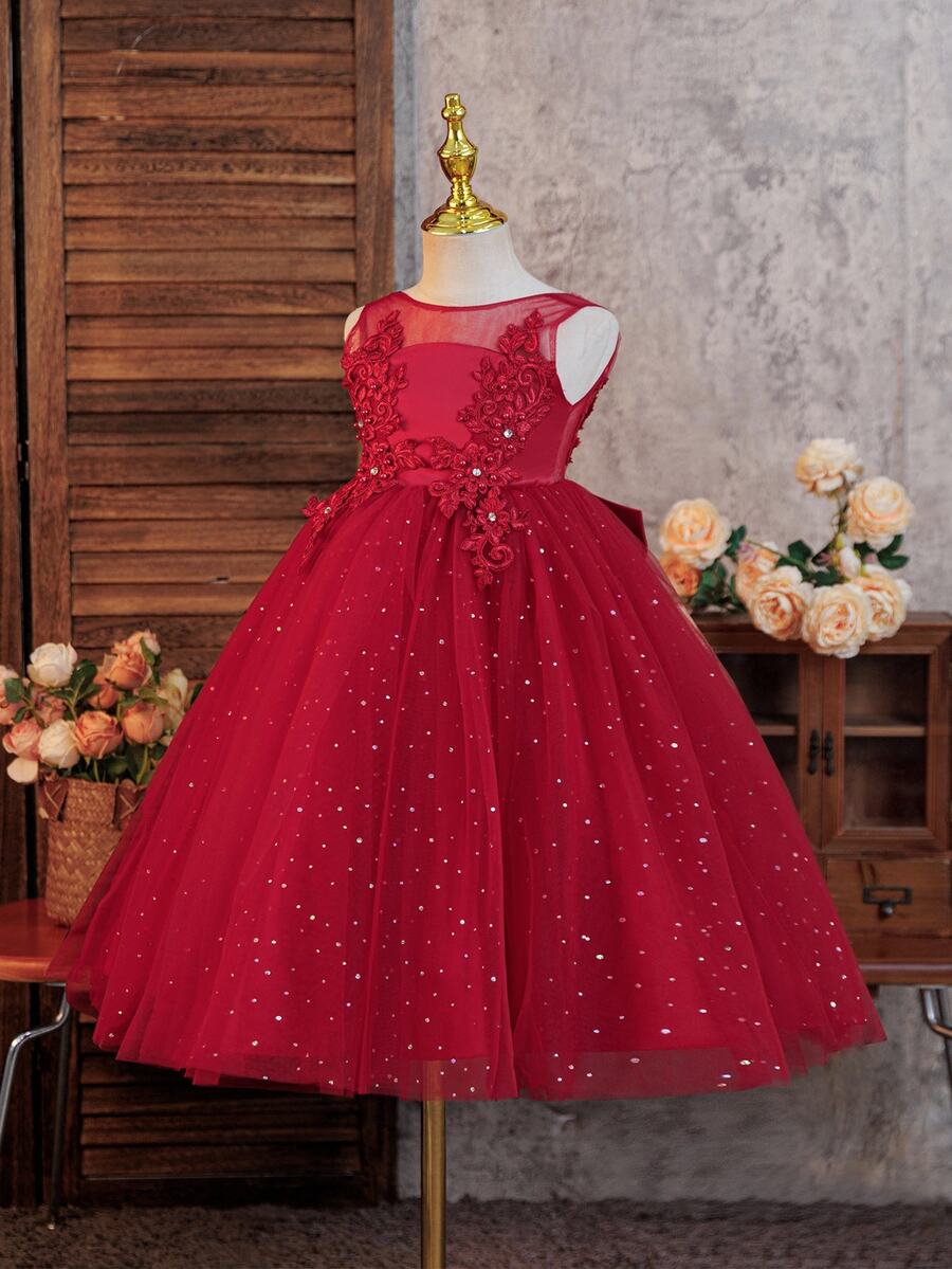 SHEIN Glamorique Kids 小女孩酒紅色3D蕾絲貼花閃亮薄紗洋裝,無袖A字公主舞會禮服,兒童婚禮生日選美正式長款芭蕾舞裙 - 酒紅色 - 查看 1