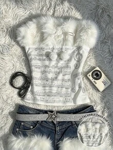 IslaSuriya 女款 Y2K 秋冬兩穿式抹胸上衣，可拆卸毛絨飾邊，音符印花，白色，聖誕音樂會派對穿搭 - 彩色 - 查看 1