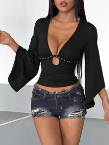 StreetHx Deep V-Neck Ribbon Pearl Decor Flare Sleeve T-Shirt Halloween Night Going Out Club Night Out Black Autumn Sexy - Black - View 6