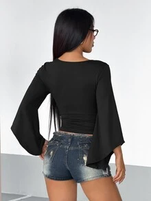 StreetHx Deep V-Neck Ribbon Pearl Decor Flare Sleeve T-Shirt Halloween Night Going Out Club Night Out Black Autumn Sexy - Black - View 2