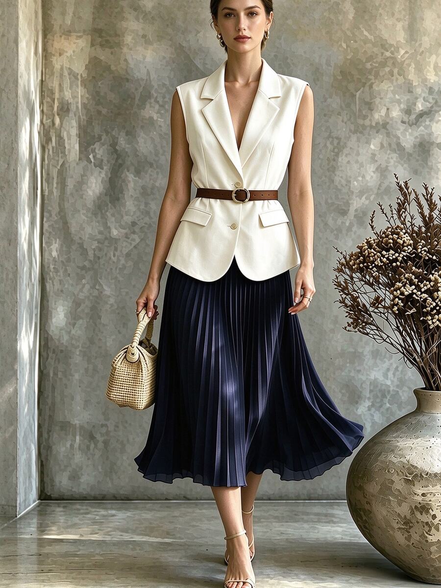 Franclia Women's Spring/Summer French Elegant Collared Sleeveless Cinched Waist Blazer And High-Waisted Pleated Midi Skirt 2-Piece Suit Set For Work - Navy Blue - View 1
