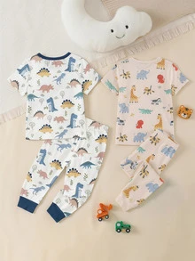 SHEIN 2 Sets Baby Boy Casual Simple Slim Fit Crew Neck Comfortable Short Sleeve Long Pants - Multicolor - View 2