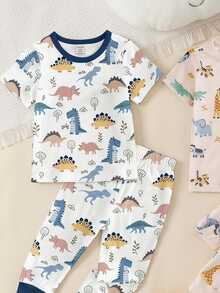 SHEIN 2 Sets Baby Boy Casual Simple Slim Fit Crew Neck Comfortable Short Sleeve Long Pants - Multicolor - View 4