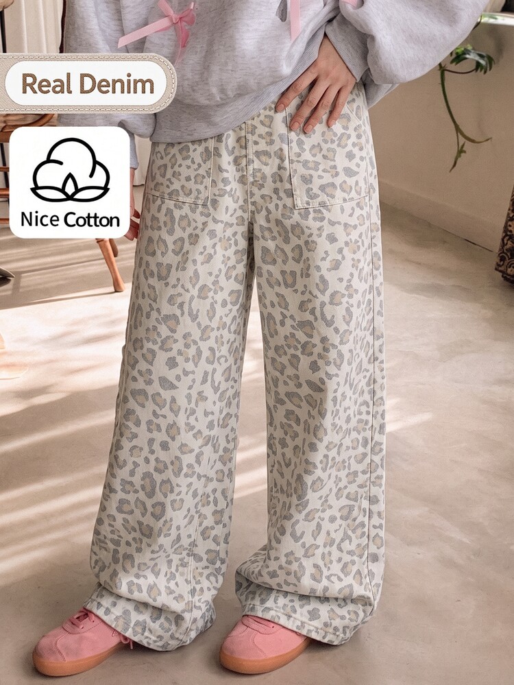 SHEIN Girls' Vintage American Y2K Street Style All-Over Print Khaki Grey Leopard Print Wide Leg Denim Jeans With Large Pockets Loose Casual Straight Leg Pants - Khaki - View 3