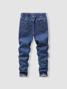 SHEIN Explorewe 青少年男孩復古刺繡徽章牛仔長褲，深色水洗藍，休閒鬆緊腰抽繩直筒褲，學生高街百搭單褲 - 深色水洗藍 - 查看 2