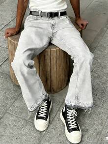 RivetRise Men's American Casual Gentleman Micro-Flare Design Washed Gray Denim Jeans - Grey - View 7