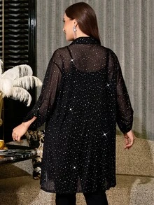Reflora Plus Size Women's Rhinestone Embellished Rolled Sleeve Single-Breasted Elegant 70's Long Shirt Night Wedding Guest Formal Summer Black And White - Blue - View 3