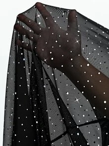 Reflora Plus Size Women's Rhinestone Embellished Rolled Sleeve Single-Breasted Elegant 70's Long Shirt Night Wedding Guest Formal Summer Black And White - Blue - View 9