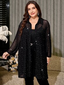 Reflora Plus Size Women's Rhinestone Embellished Rolled Sleeve Single-Breasted Elegant 70's Long Shirt Night Wedding Guest Formal Summer Black And White - Blue - View 6