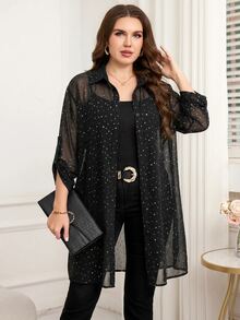 Reflora Plus Size Women's Rhinestone Embellished Rolled Sleeve Single-Breasted Elegant 70's Long Shirt Night Wedding Guest Formal Summer Black And White - Blue - View 2