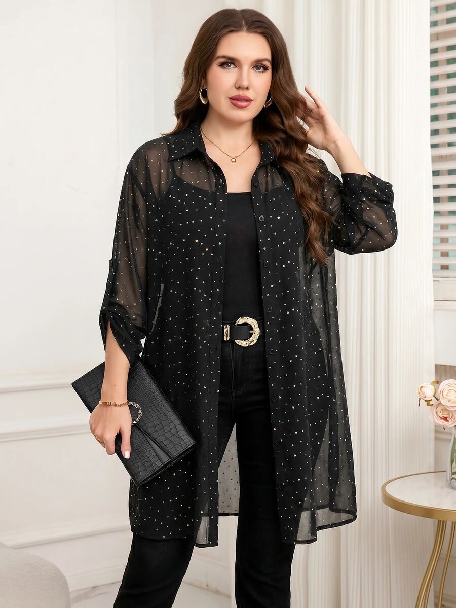 Reflora Plus Size Women's Rhinestone Embellished Rolled Sleeve Single-Breasted Elegant 70's Long Shirt Night Wedding Guest Formal Summer Black And White