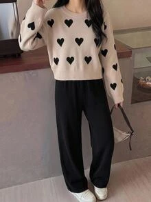 Teen Girl Heart Pattern Dropped Shoulder Long Sleeve Sweater And Knitted Long Pants Casual Set Winter - Khaki - View 8