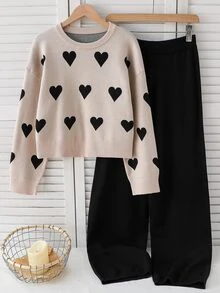 Teen Girl Heart Pattern Dropped Shoulder Long Sleeve Sweater And Knitted Long Pants Casual Set Winter - Khaki - View 1