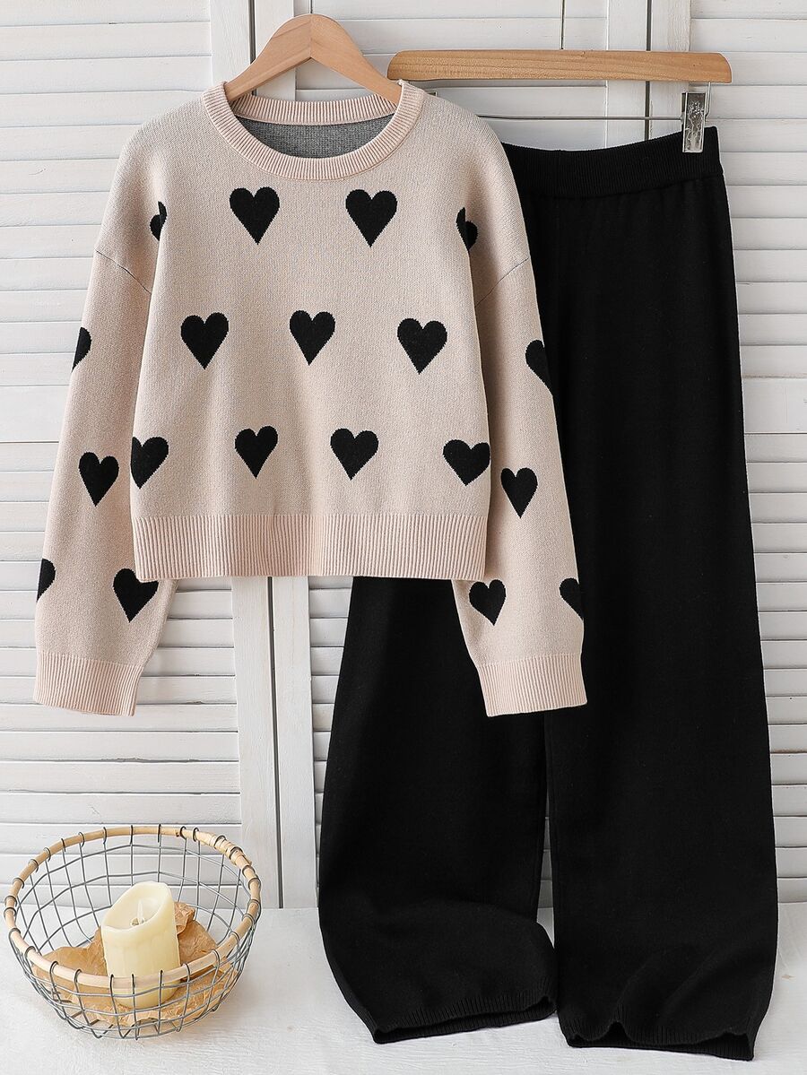 Teen Girl Heart Pattern Dropped Shoulder Long Sleeve Sweater And Knitted Long Pants Casual Set Winter - Khaki - View 1