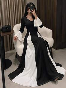 Modelyn Patchwork Knit Long Dress For Women Dinner Brunch Black And White Fall Modest Elegant - Black and White - View 1