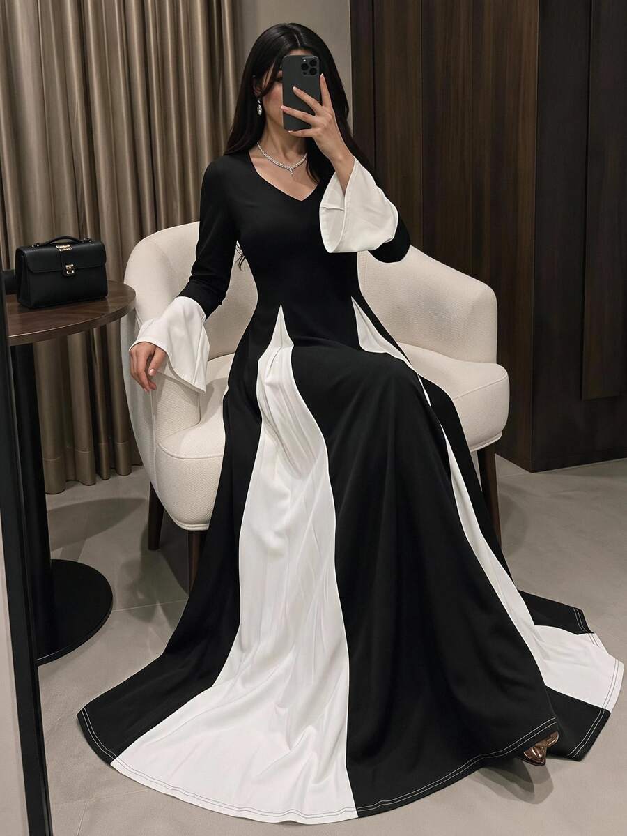 Modelyn Patchwork Knit Long Dress For Women Dinner Brunch Black And White Fall Modest Elegant - Black and White - View 1