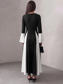 Modelyn Patchwork Knit Long Dress For Women Dinner Brunch Black And White Fall Modest Elegant - Black and White - View 2