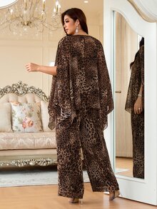 Reflora Plus Size Women's Leopard Print Top And Pants Casual Elegant Daily 2 Pieces Set Work Party Evening Outfits Vacation Chic Unique Fall Brown - Brown - View 2
