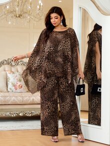 Reflora Plus Size Women's Leopard Print Top And Pants Casual Elegant Daily 2 Pieces Set Work Party Evening Outfits Vacation Chic Unique Fall Brown - Brown - View 1