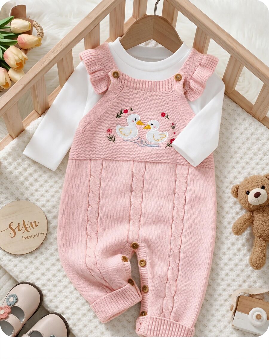 SHEIN Baby Girl Embroidered Cute Autumn Winter Sweater Romper Crawl Suit - Pink - View 1