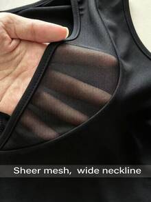 EMERY ROSE Plus Size Women's Elegant Party Sexy Slimming Fitted Casual Minimalist Commute Versatile Daily Mesh Patchwork V-Neck Design Sleeveless Tank Top - Black - View 5