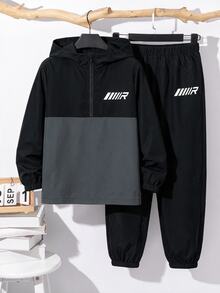 SHEIN 2件組兒童青少年男孩休閒運動拼接配色連帽外套與黑色長褲套裝，適合秋冬、家庭聚會、返校、運動、玩耍、生日派對、拍照、度假、假期 - 黑色 - 查看 3