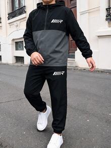 SHEIN 2件組兒童青少年男孩休閒運動拼接配色連帽外套與黑色長褲套裝，適合秋冬、家庭聚會、返校、運動、玩耍、生日派對、拍照、度假、假期 - 黑色 - 查看 4