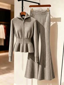 GlowEve Women's Solid Color Zipper Long Sleeve Top And Flare Pants Casual Daily 2 Pieces Set - Apricot - View 3
