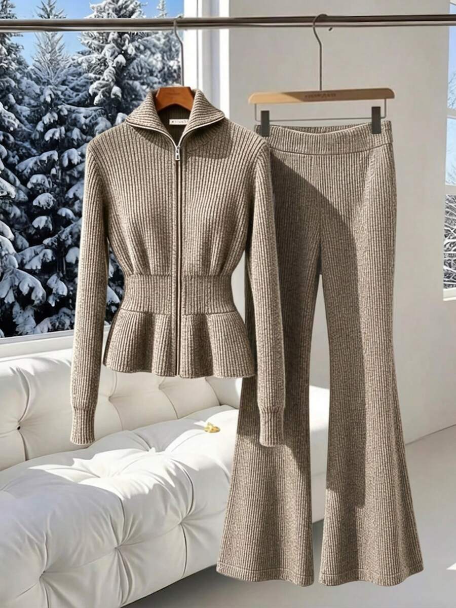 GlowEve Women's Solid Color Zipper Long Sleeve Top And Flare Pants Casual Daily 2 Pieces Set - Apricot - View 1